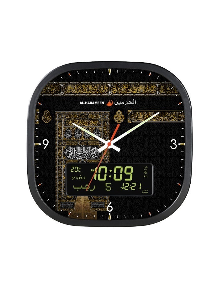 الحرمين ساعة الحرمين الإسلامية للصلاة بشاشة مزدوجة تناظرية ورقمية مع الأذان ودرجة الحرارة والقبلة والتقويم الهجري والميلادي مقاس 33x33 سم هدية مثالية للمسلمين وتصميم الكعبة بإصدار محدود HA-7055A - Image 1